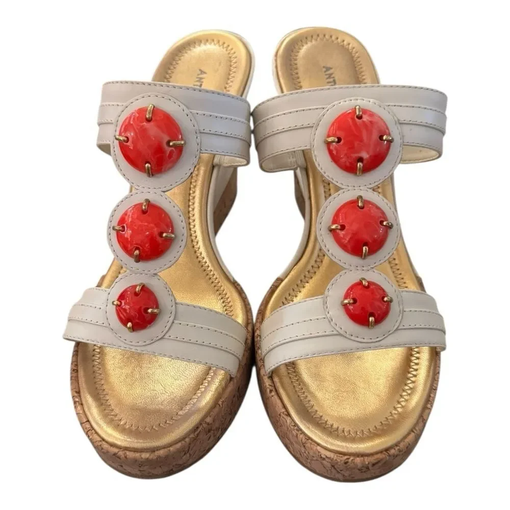 Antonio Melani Leather Cream Cork Coral Jewelled Slide Wedge Sandals 8.5